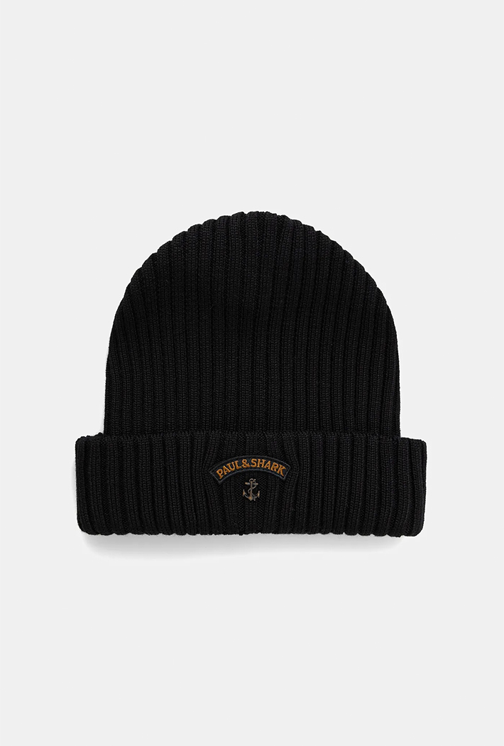 Paul & Shark Ribbed Wool Beanie with Anchor Badge